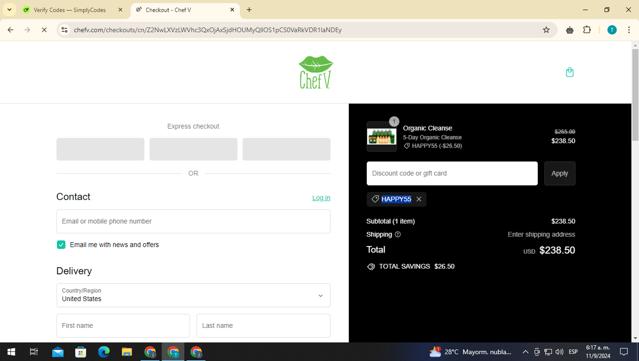 Chef V checkout page showing Chef V coupon code box | Screenshot taken by SimplyCodes community member on Sep 11, 2024