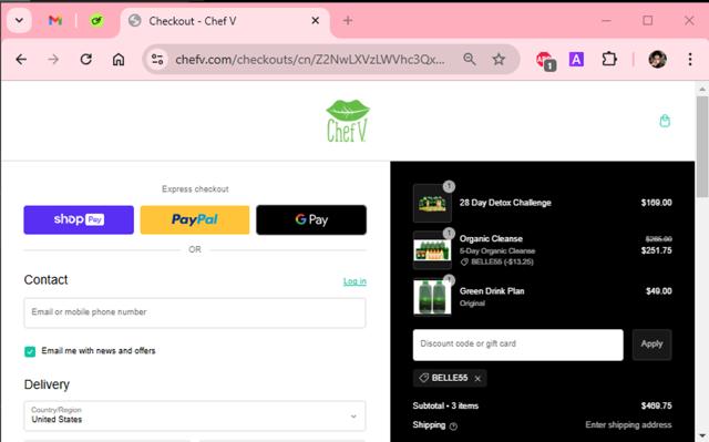 Chef V checkout page showing Chef V coupon code box | Screenshot taken by SimplyCodes community member on Nov 2, 2024