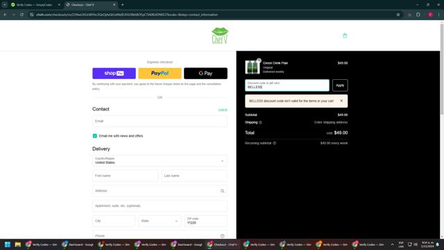 Chef V checkout page showing Chef V coupon code box | Screenshot taken by SimplyCodes community member on Dec 1, 2024