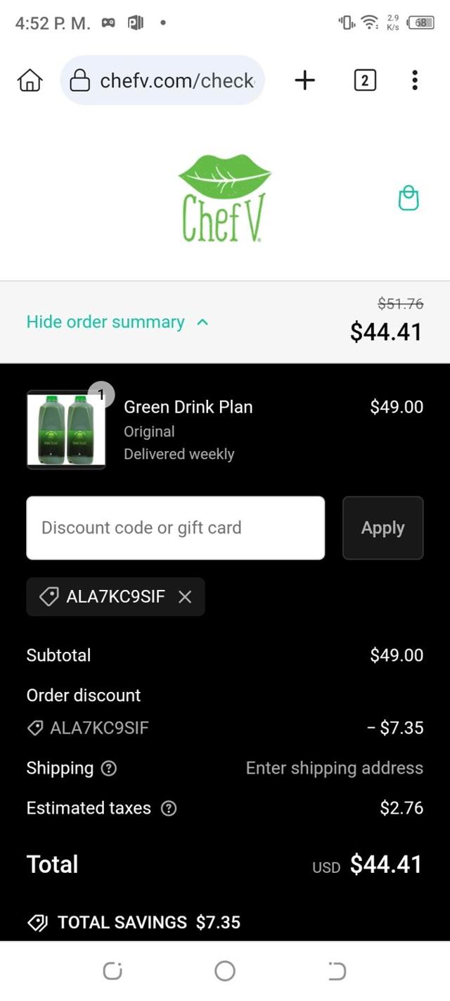 Chef V checkout page showing Chef V coupon code box | Screenshot taken by SimplyCodes community member on Nov 2, 2024