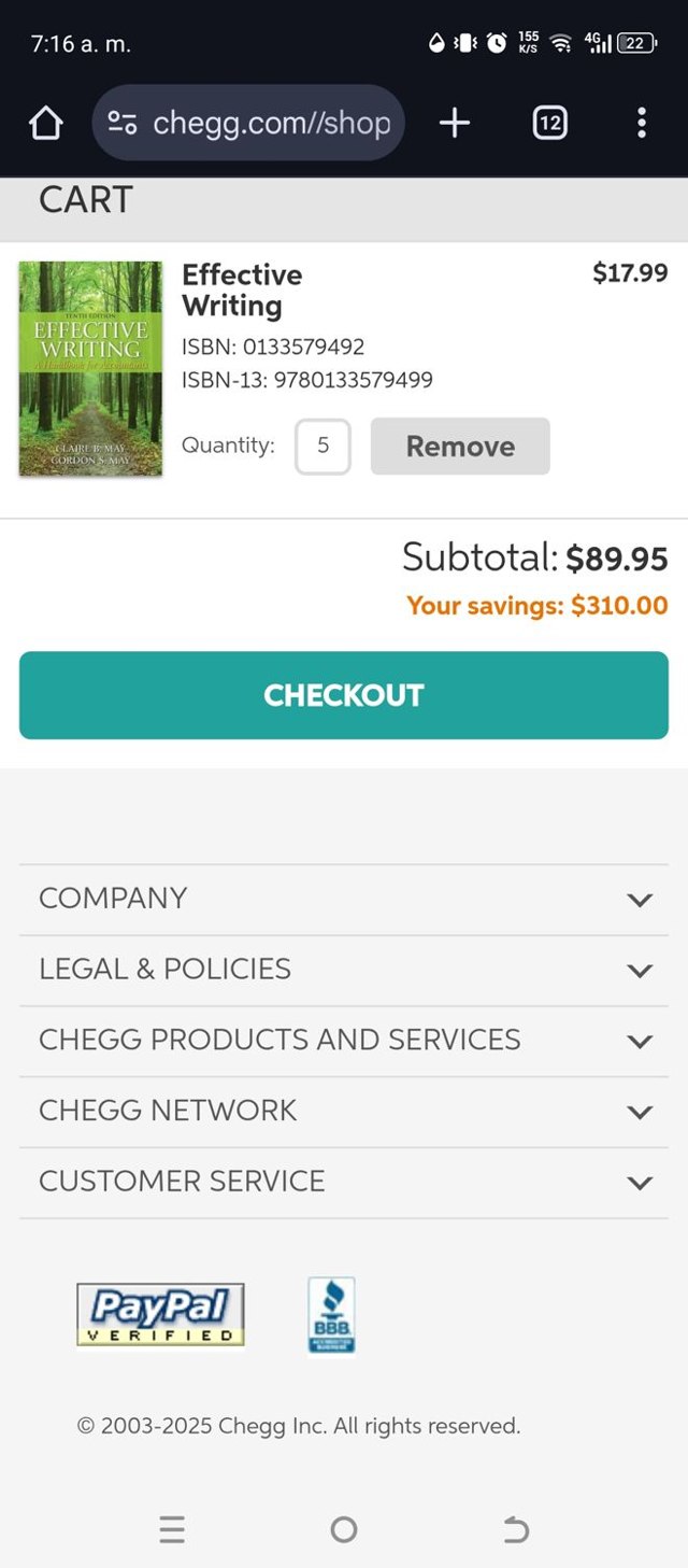 Chegg checkout page showing Chegg discount code box | Screenshot taken by SimplyCodes community member on May 13, 2025