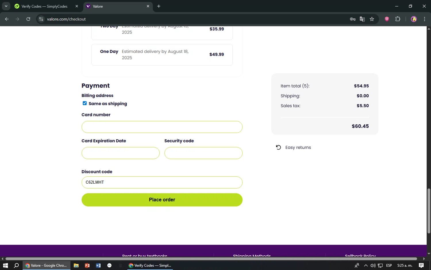 Chegg discount code screenshot showing code C62LMHT applied at Chegg checkout page. Uploaded by SimplyCodes community member TreasureShopper9156 on Aug 14, 2025
