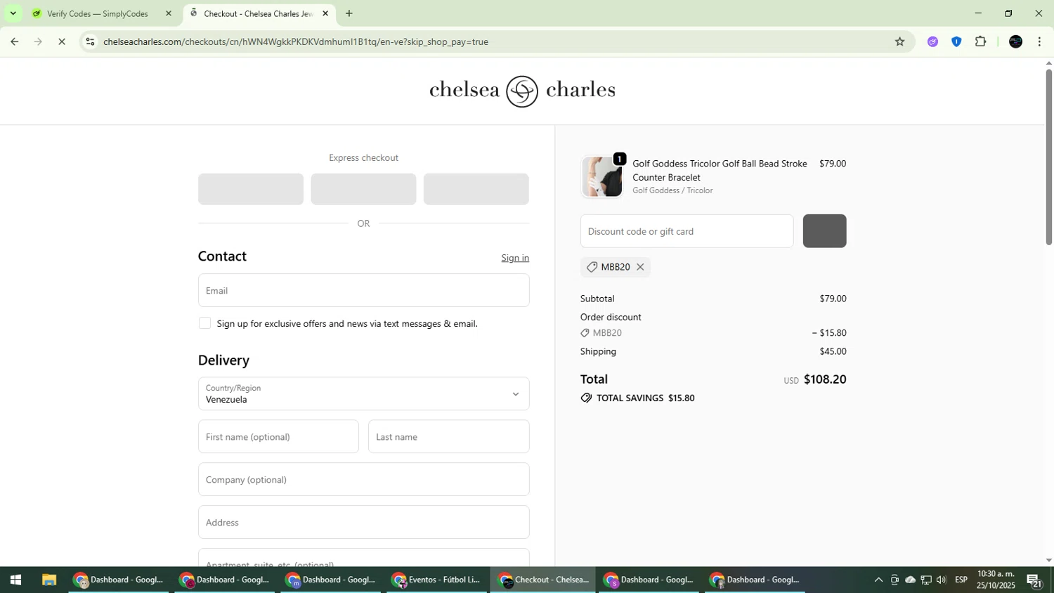 Chelsea Charles promo code screenshot showing code MBB20 applied at Chelsea Charles checkout page. Uploaded by SimplyCodes community member CarmenVGR on Oct 25, 2025