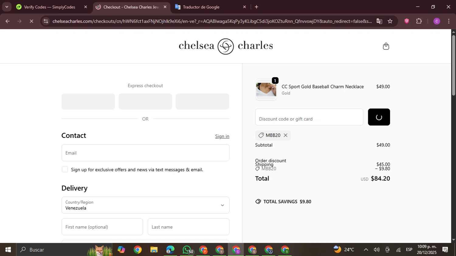 Chelsea Charles promo code screenshot showing code MBB20 applied at Chelsea Charles checkout page. Uploaded by SimplyCodes community member FrugalPro5078 on Dec 21, 2025