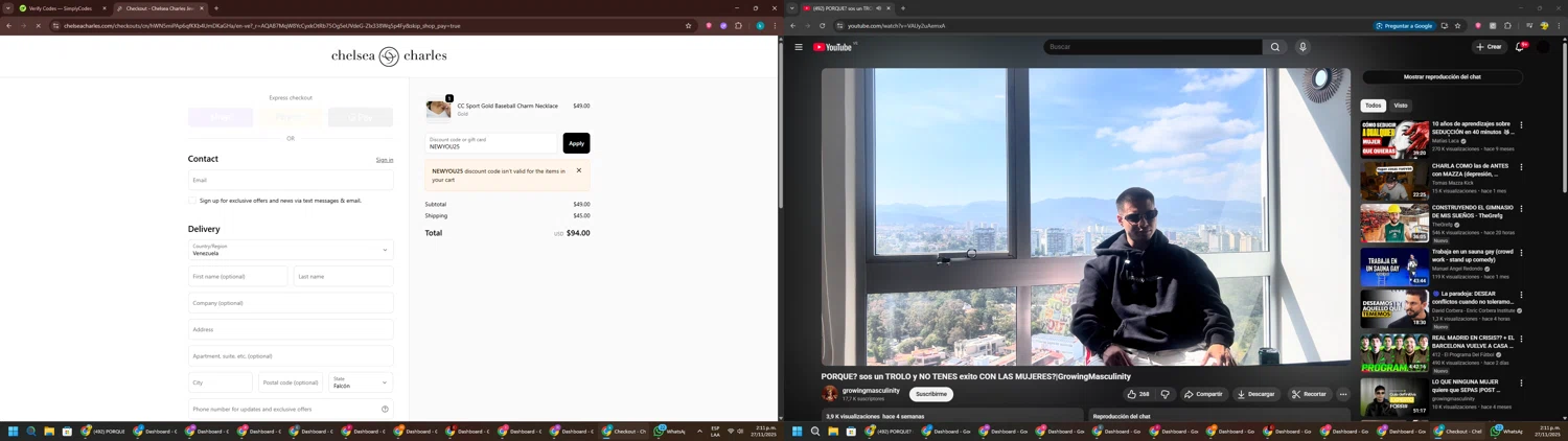 Chelsea Charles promo code screenshot showing code NEWYOU25 applied at Chelsea Charles checkout page. Uploaded by SimplyCodes community member RewardKnight9989 on Nov 27, 2025