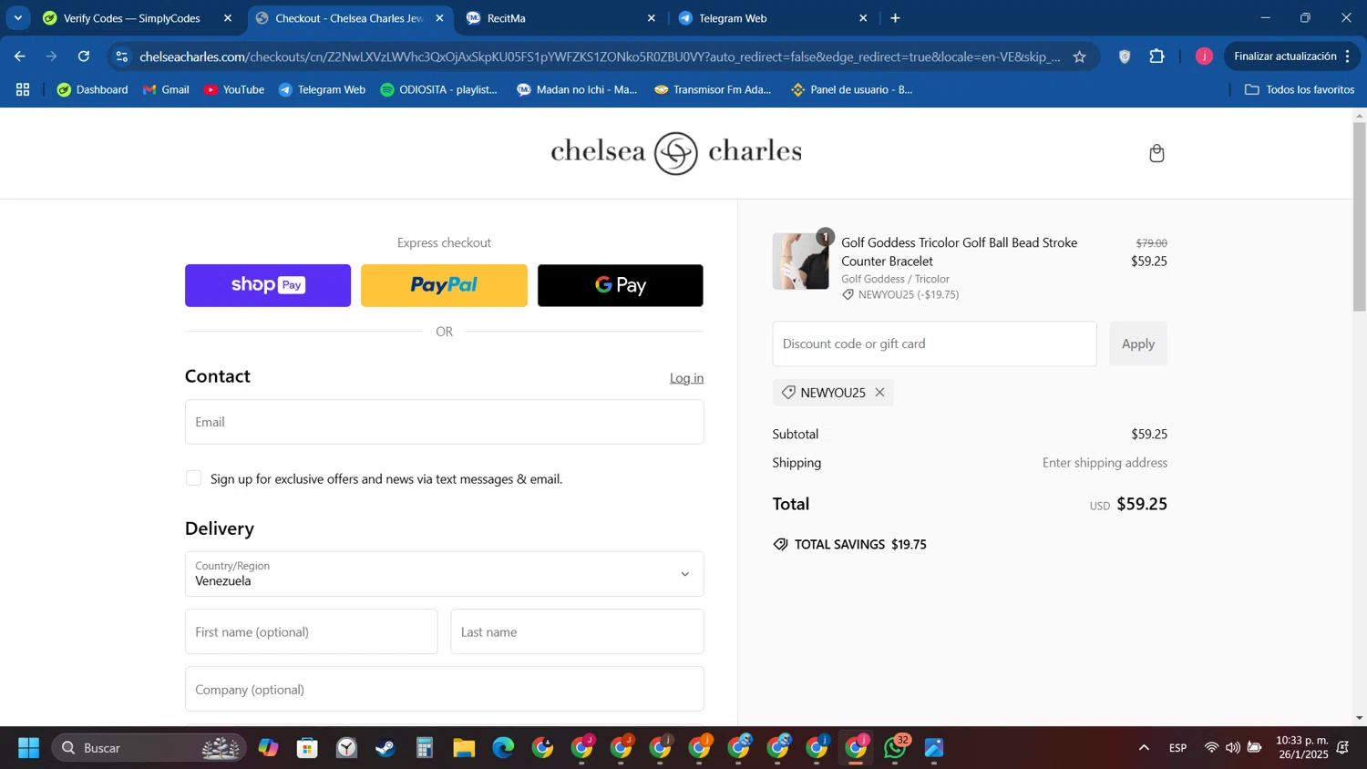 Chelsea Charles promo code screenshot showing code NEWYOU25 applied at Chelsea Charles checkout page. Uploaded by SimplyCodes community member Tryhard on Jan 27, 2025