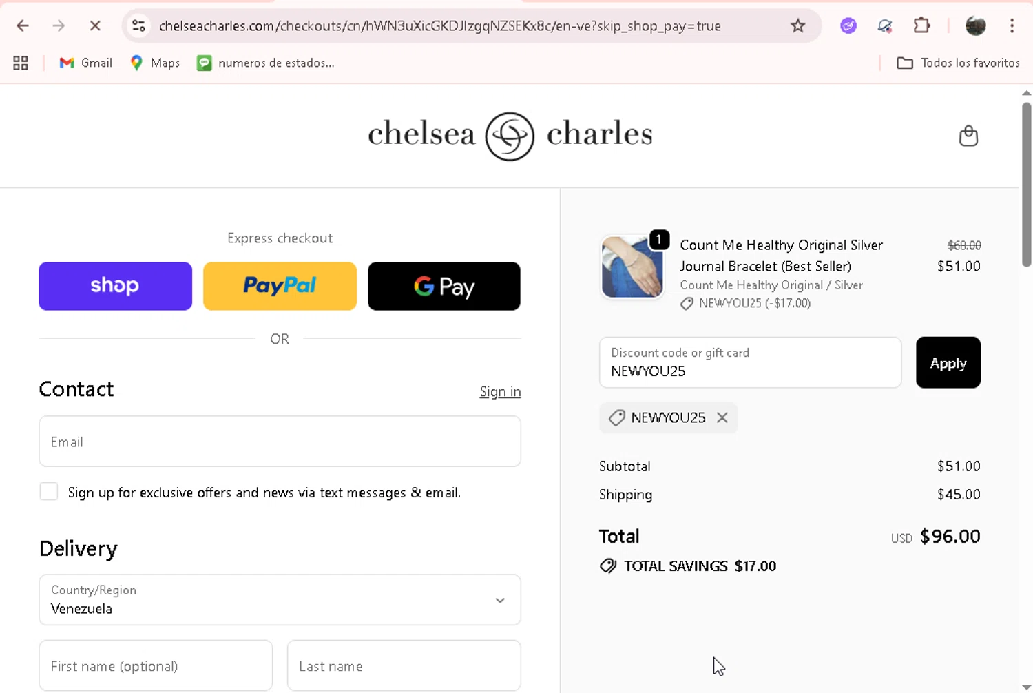Chelsea Charles promo code screenshot showing code NEWYOU25 applied at Chelsea Charles checkout page. Uploaded by SimplyCodes community member adrianvasquez1 on Oct 9, 2025