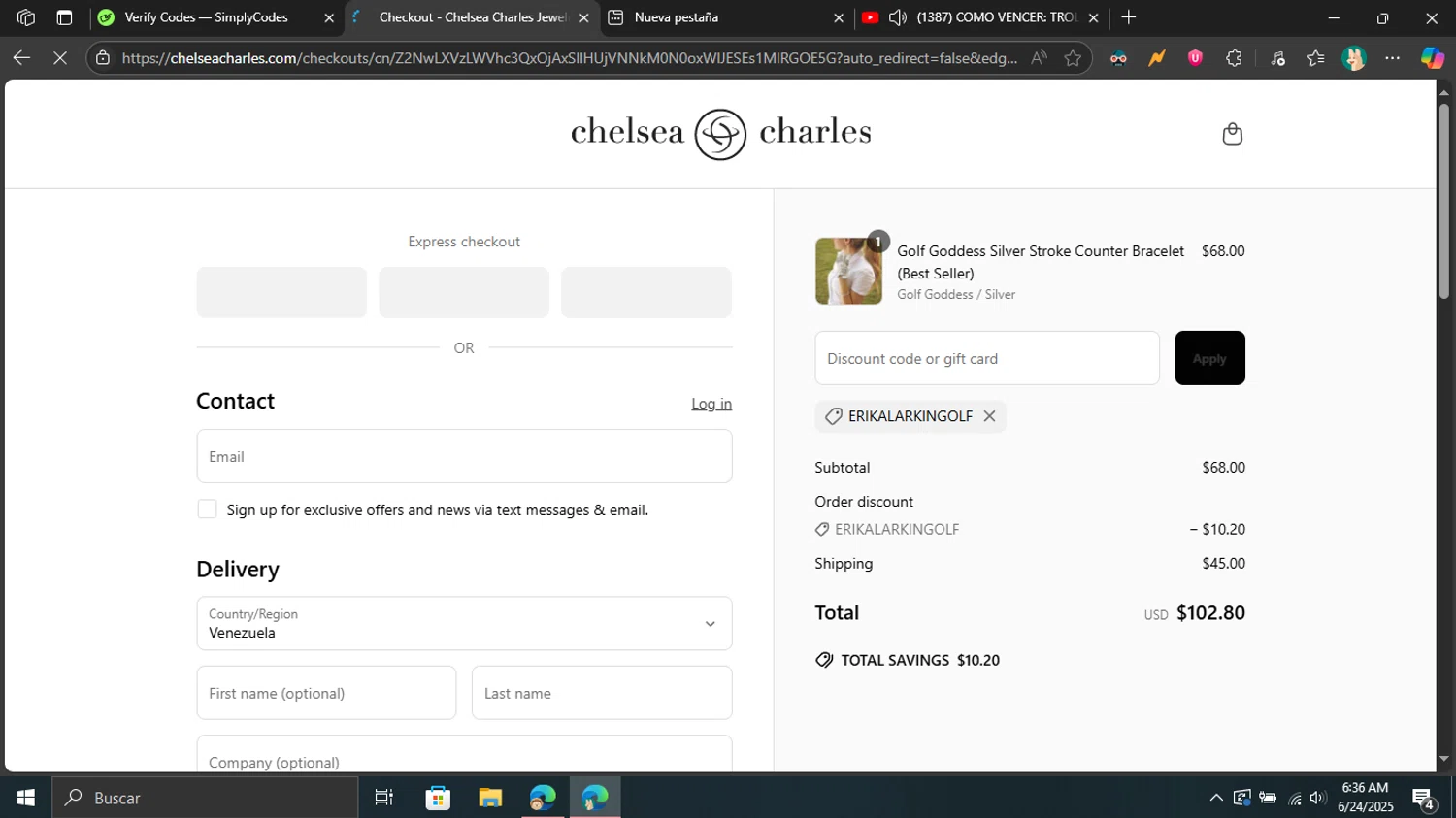Chelsea Charles promo code screenshot showing code ERIKALARKINGOLF applied at Chelsea Charles checkout page. Uploaded by SimplyCodes community member Don_Quixote on Jun 24, 2025