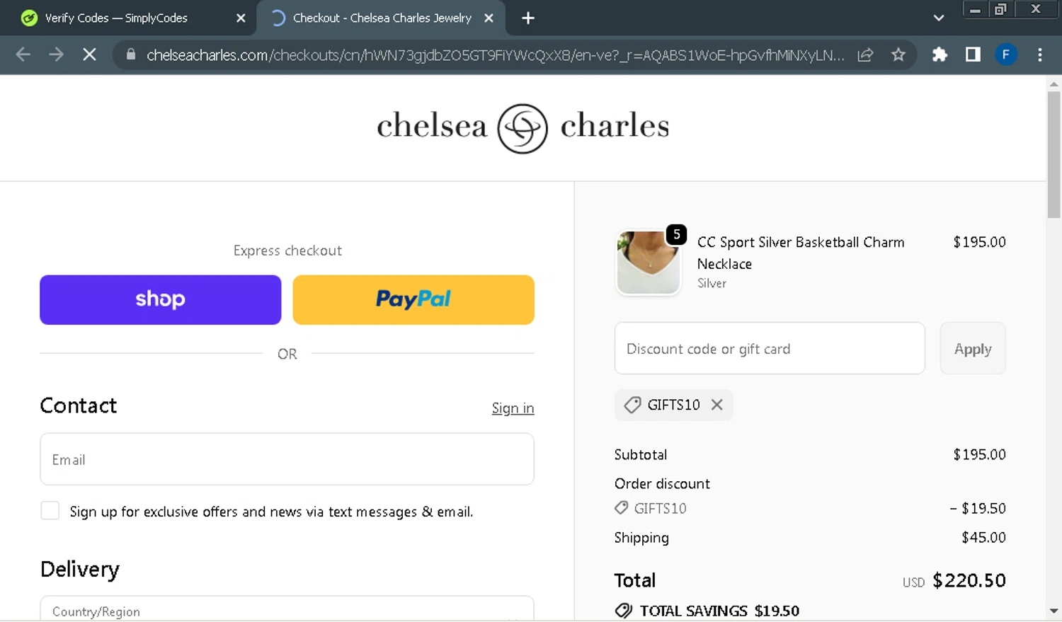 Chelsea Charles checkout page showing Chelsea Charles promo code box | Screenshot taken by SimplyCodes community member on Dec 31, 2025