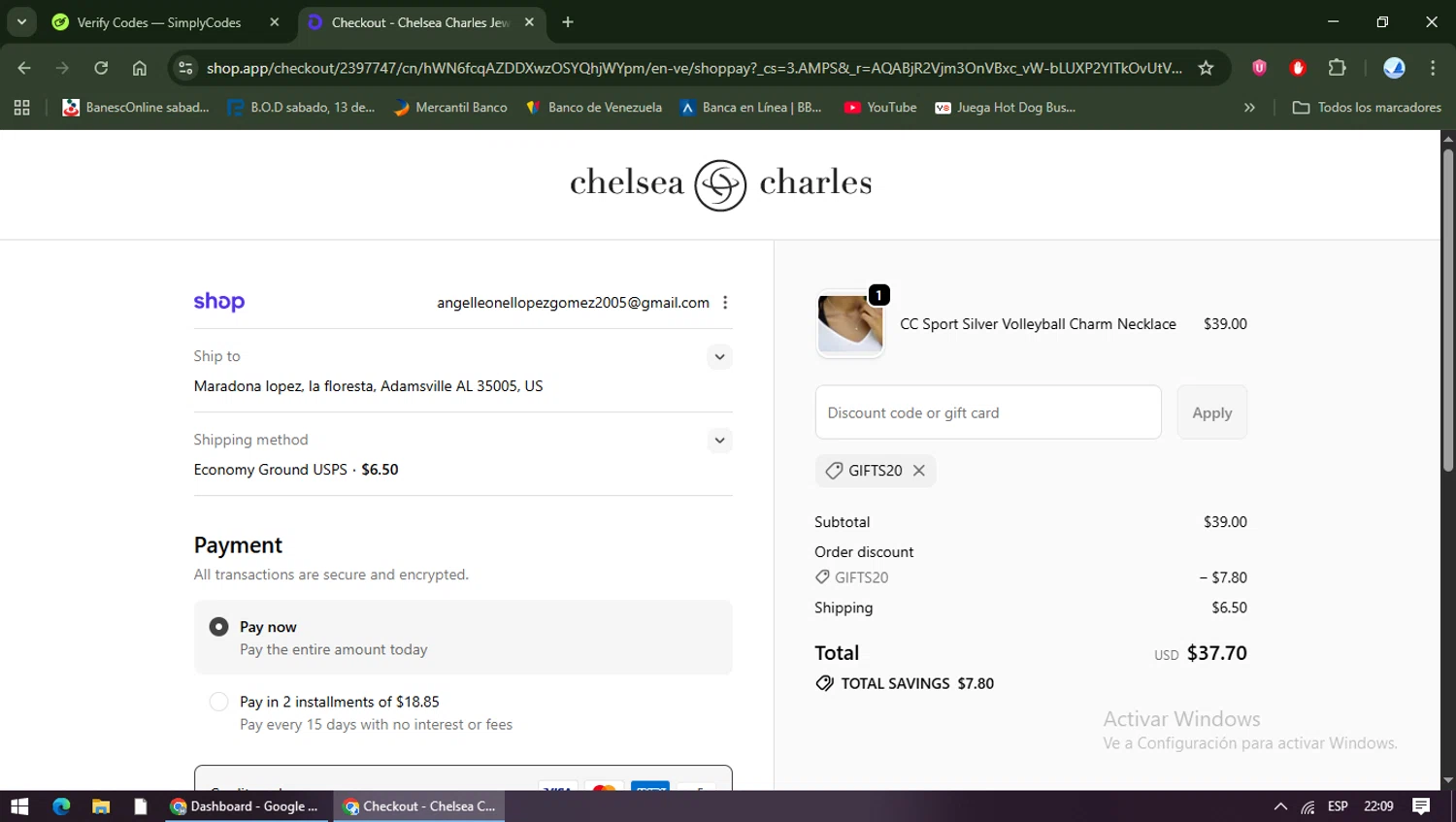 Chelsea Charles promo code screenshot showing code gifts20 applied at Chelsea Charles checkout page. Uploaded by SimplyCodes community member TreasureShopper9156 on Dec 21, 2025