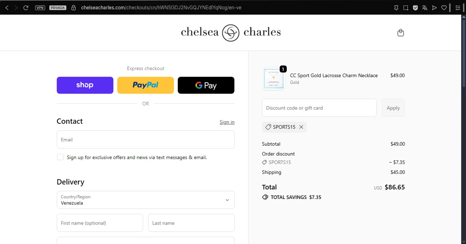 Chelsea Charles promo code screenshot showing code SPORTS15 applied at Chelsea Charles checkout page. Uploaded by SimplyCodes community member ArgoByte on Nov 27, 2025
