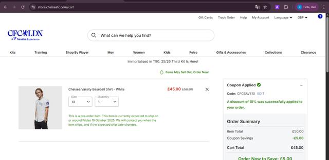 Chelsea FC Store checkout page showing Chelsea FC Store promo code box | Screenshot taken by SimplyCodes community member on Sep 3, 2025