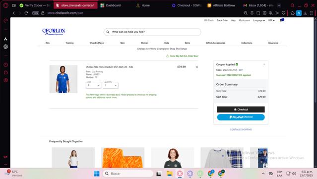 Chelsea FC Store checkout page showing Chelsea FC Store promo code box | Screenshot taken by SimplyCodes community member on Jul 23, 2025