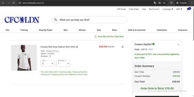 Chelsea FC Store checkout page showing Chelsea FC Store promo code box | Screenshot taken by SimplyCodes community member on Jul 1, 2025