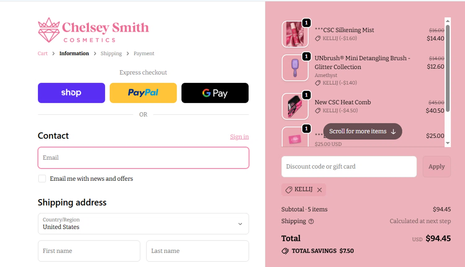Chelsey Smith Crowns promo code screenshot showing code KELLIJ applied at Chelsey Smith Crowns checkout page. Uploaded by SimplyCodes community member Lismar on Dec 25, 2025