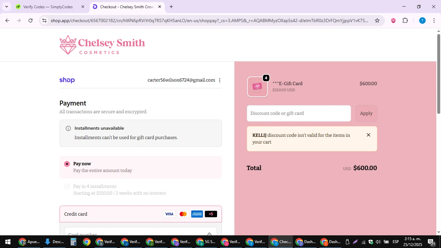 Chelsey Smith Crowns promo code screenshot showing code KELLIJ applied at Chelsey Smith Crowns checkout page. Uploaded by SimplyCodes community member LuckyPioneer4530 on Dec 25, 2025