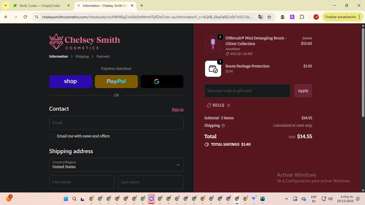 Chelsey Smith Crowns promo code screenshot showing code KELLIJ applied at Chelsey Smith Crowns checkout page. Uploaded by SimplyCodes community member ShrewdCaptain2457 on Dec 25, 2025