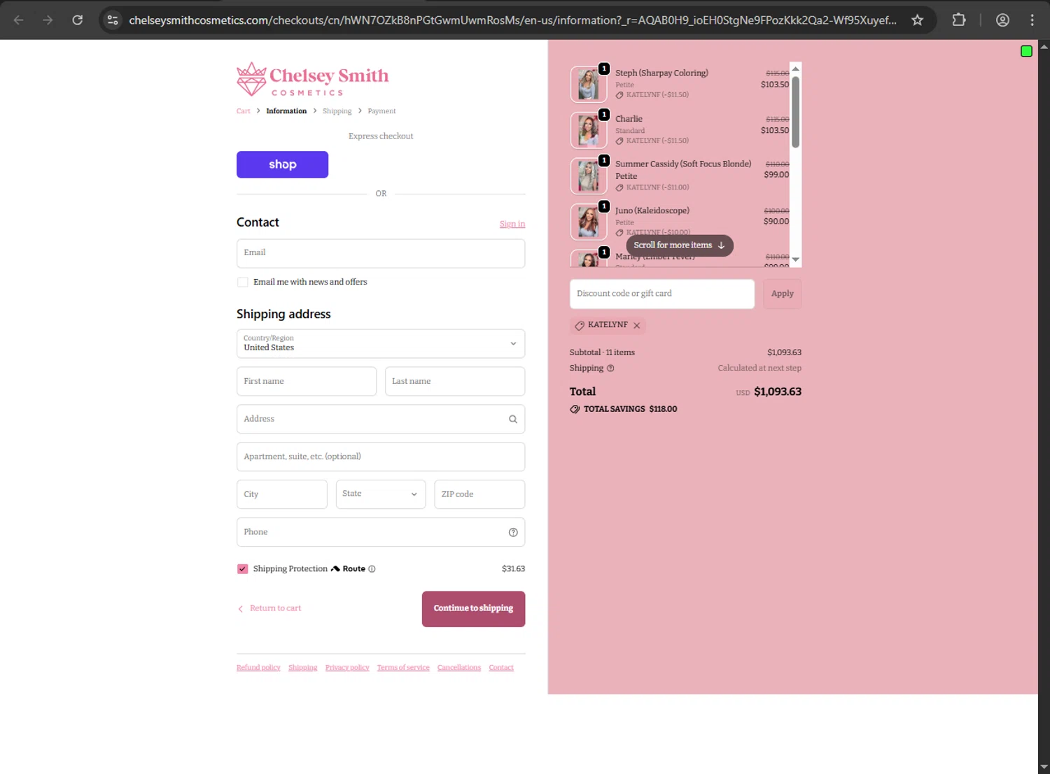Chelsey Smith Crowns checkout page showing Chelsey Smith Crowns promo code box | Screenshot taken by SimplyCodes community member on Jan 9, 2026