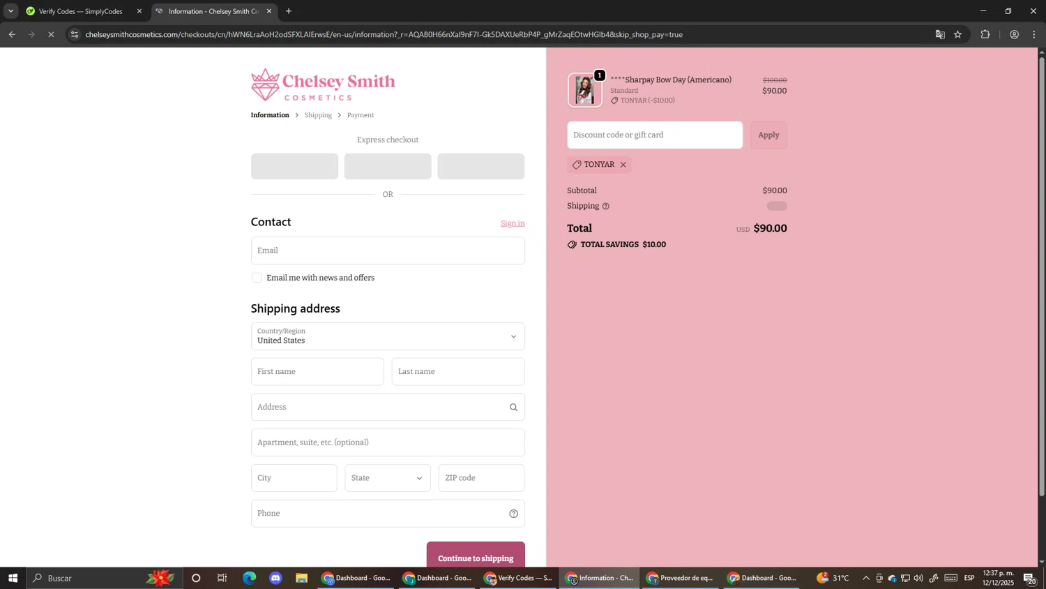 Chelsey Smith Crowns promo code screenshot showing code TONYAR applied at Chelsey Smith Crowns checkout page. Uploaded by SimplyCodes community member Pirlo420 on Dec 12, 2025