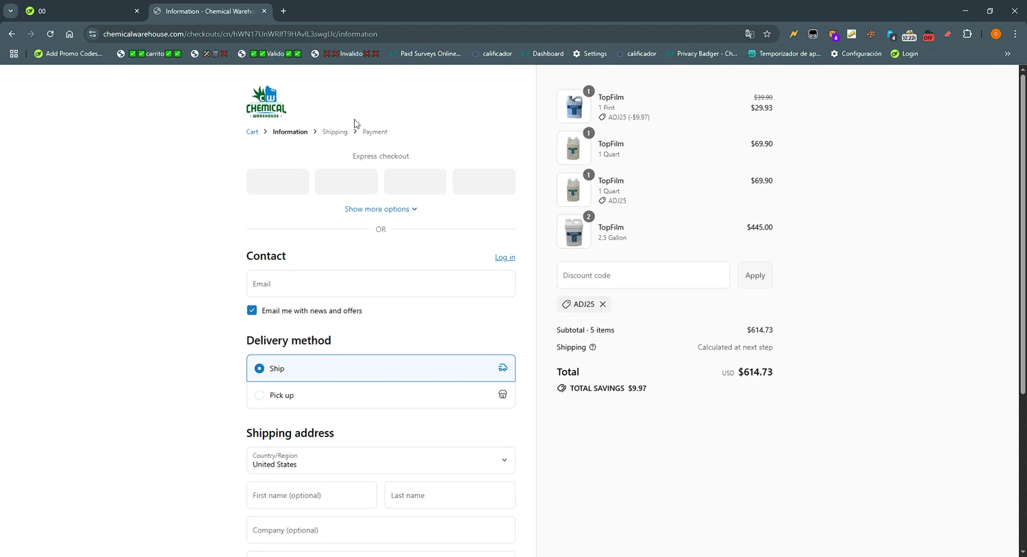Chemical Warehouse discount code screenshot showing code ADJ25 applied at Chemical Warehouse checkout page. Uploaded by SimplyCodes community member LOgoter on Jul 27, 2025