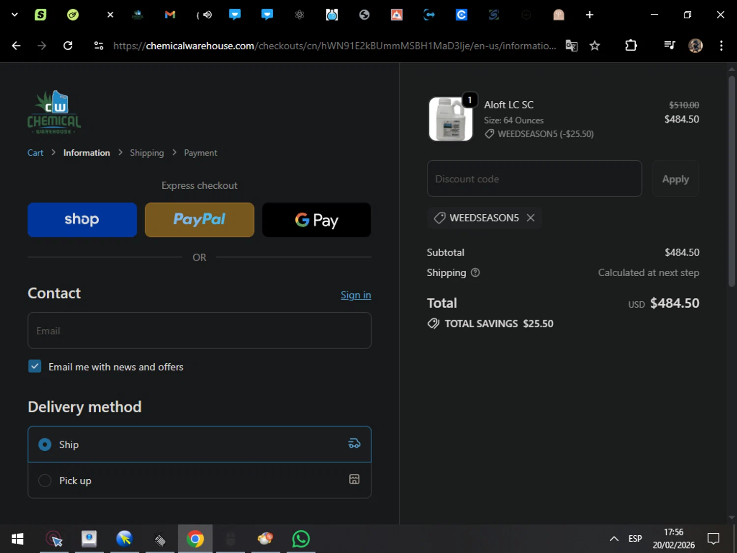 Chemical Warehouse promo code screenshot showing code WEEDSEASON5 applied at Chemical Warehouse checkout page. Uploaded by SimplyCodes community member MarcosAranguren on Feb 20, 2026