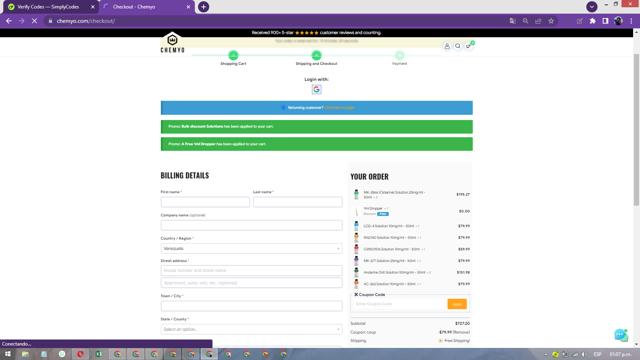 Chemyo checkout page showing Chemyo discount code box | Screenshot taken by SimplyCodes community member on Jun 11, 2025