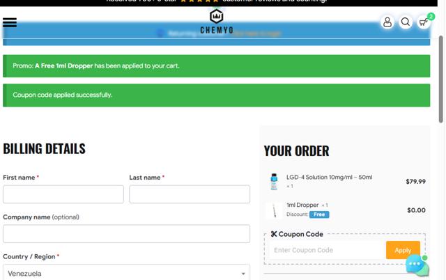 Chemyo checkout page showing Chemyo discount code box | Screenshot taken by SimplyCodes community member on Jun 18, 2025