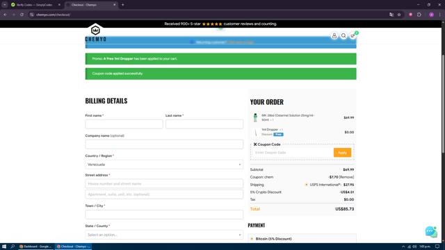Chemyo checkout page showing Chemyo discount code box | Screenshot taken by SimplyCodes community member on Jun 11, 2025