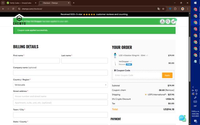 Chemyo checkout page showing Chemyo discount code box | Screenshot taken by SimplyCodes community member on May 14, 2025
