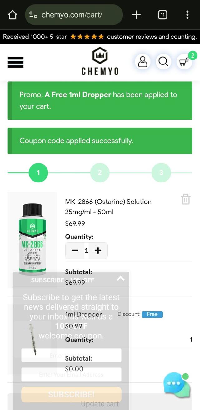 Chemyo checkout page showing Chemyo discount code box | Screenshot taken by SimplyCodes community member on Jun 30, 2025