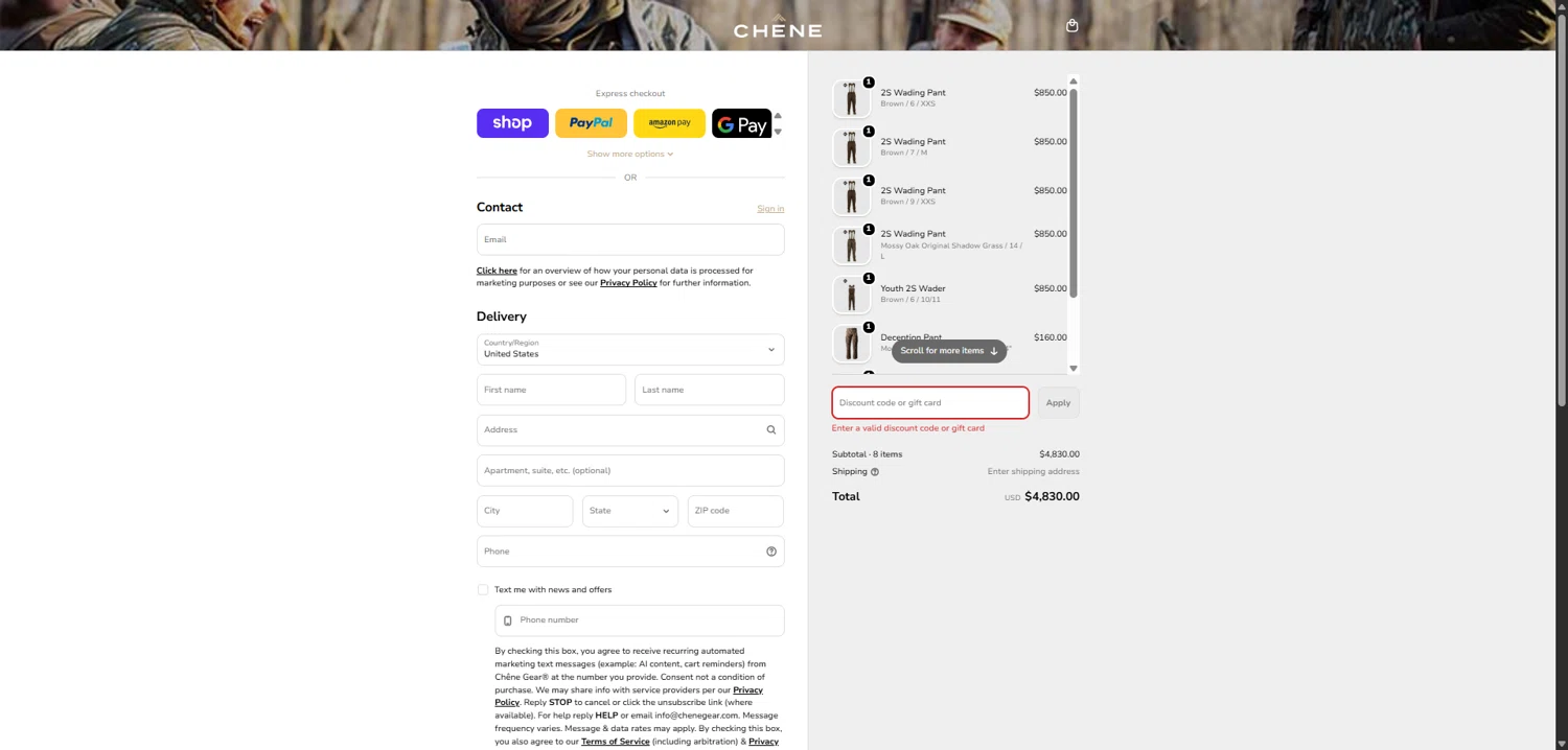 Chêne Gear promo code screenshot showing code 1234567890 applied at Chêne Gear checkout page. Uploaded by SimplyCodes community member SavvyCollector7681 on Feb 20, 2026