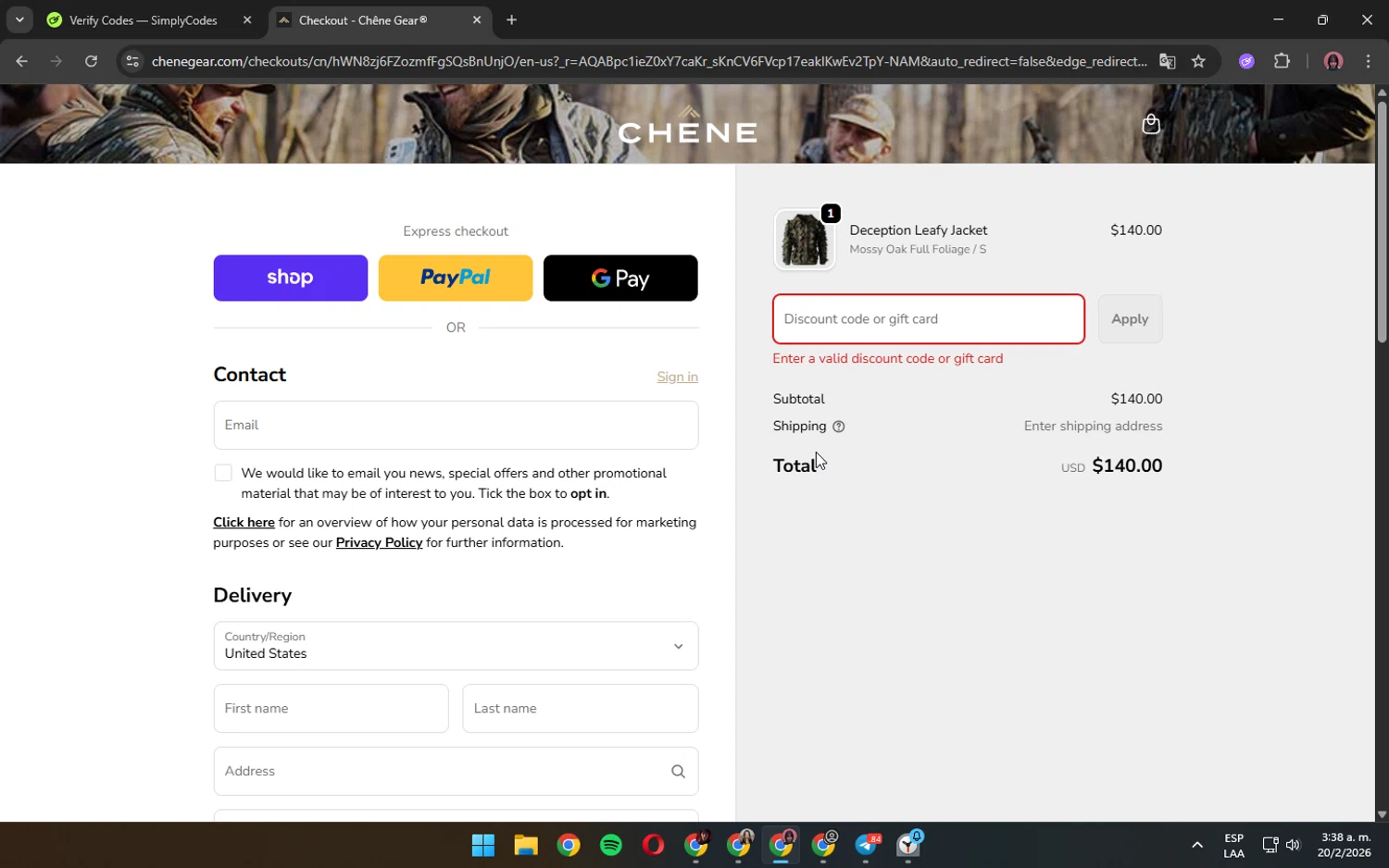 Chêne Gear promo code screenshot showing code 1234567890 applied at Chêne Gear checkout page. Uploaded by SimplyCodes community member ShrewdPilot3521 on Feb 20, 2026