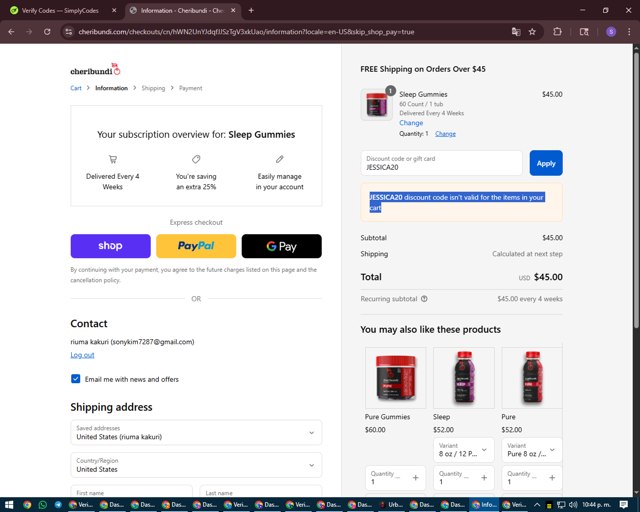Cheribundi checkout page showing Cheribundi discount code box | Screenshot taken by SimplyCodes community member on Sep 2, 2025