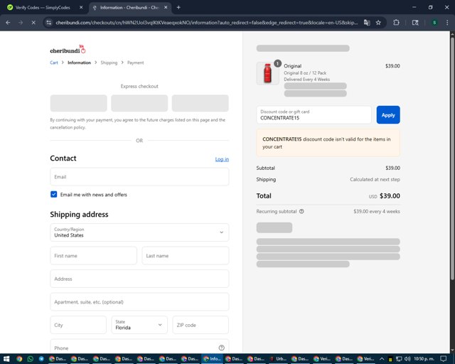 Cheribundi checkout page showing Cheribundi discount code box | Screenshot taken by SimplyCodes community member on Sep 2, 2025