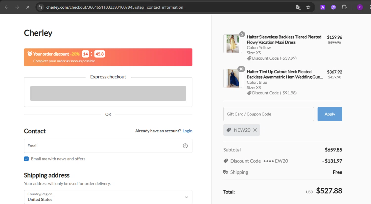 CHERLEY coupon code screenshot showing code NEW20 applied at CHERLEY checkout page. Uploaded by SimplyCodes community member SmartVoyager1455 on May 30, 2025