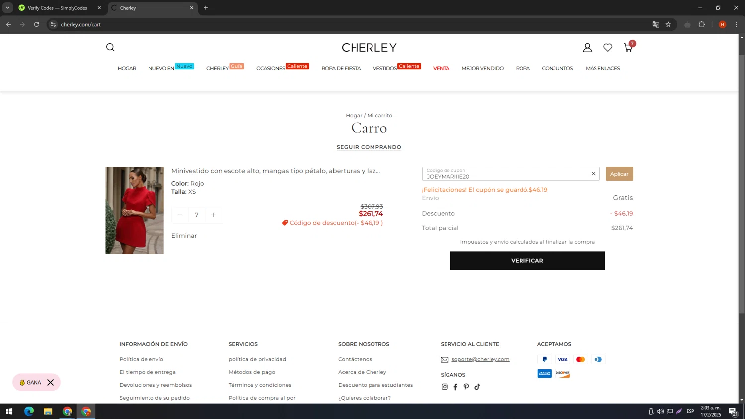 CHERLEY coupon code screenshot showing code JOEYMARIIIE20 applied at CHERLEY checkout page. Uploaded by SimplyCodes community member SIMPLYCODESSS on Feb 17, 2025