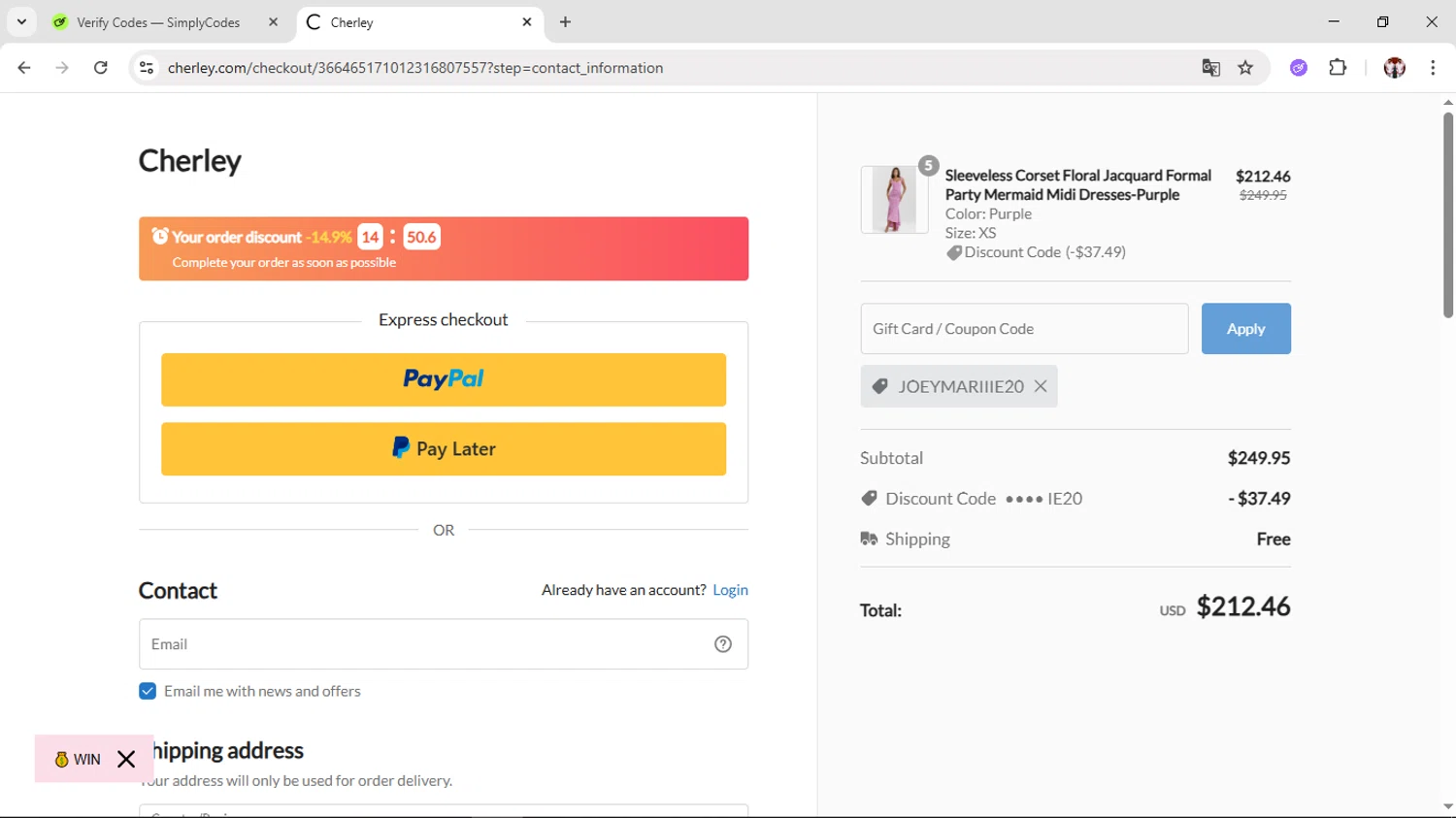 CHERLEY coupon code screenshot showing code JOEYMARIIIE20 applied at CHERLEY checkout page. Uploaded by SimplyCodes community member Salometta on May 21, 2025