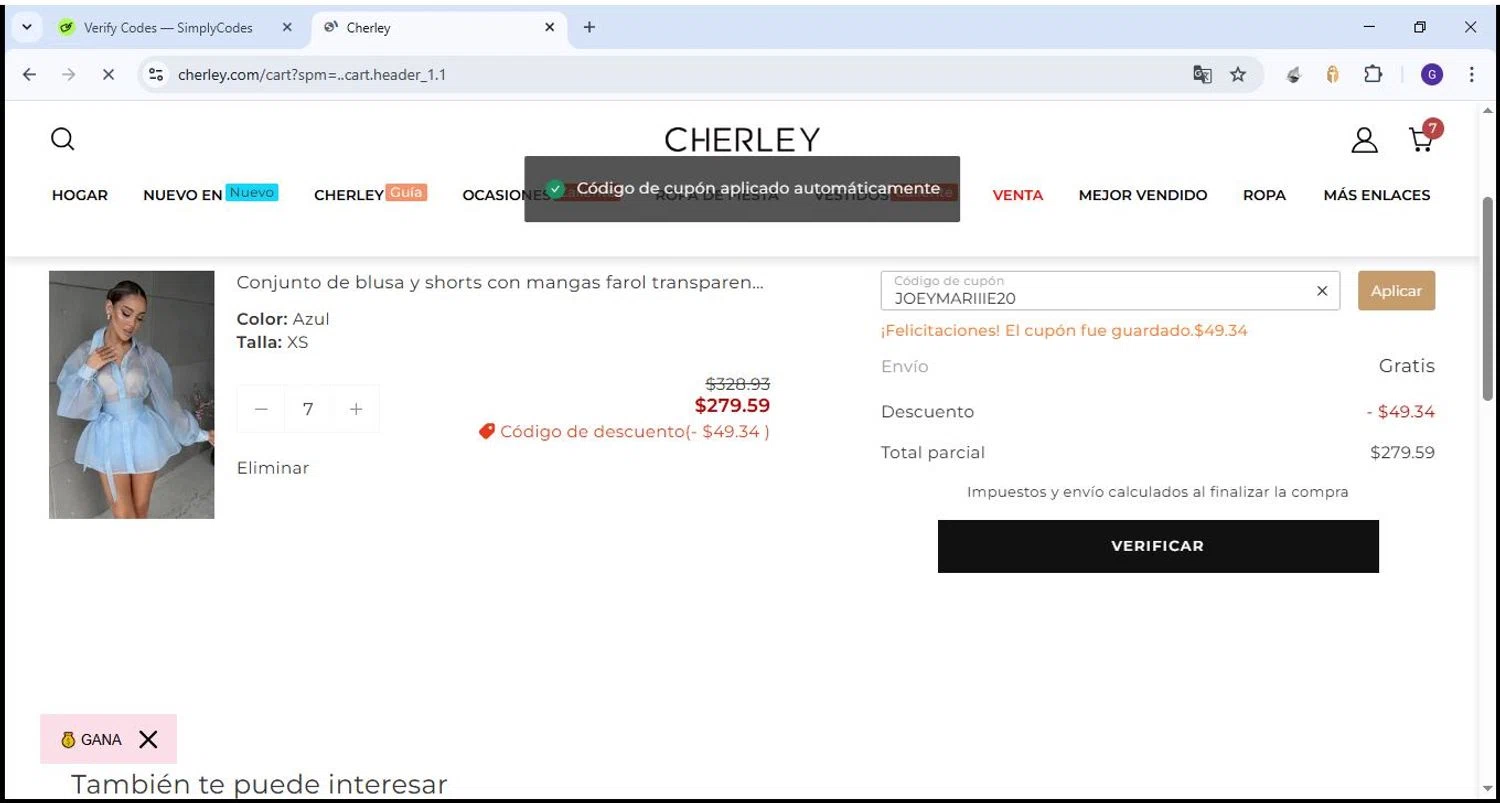 CHERLEY coupon code screenshot showing code JOEYMARIIIE20 applied at CHERLEY checkout page. Uploaded by SimplyCodes community member Theking on Apr 22, 2025
