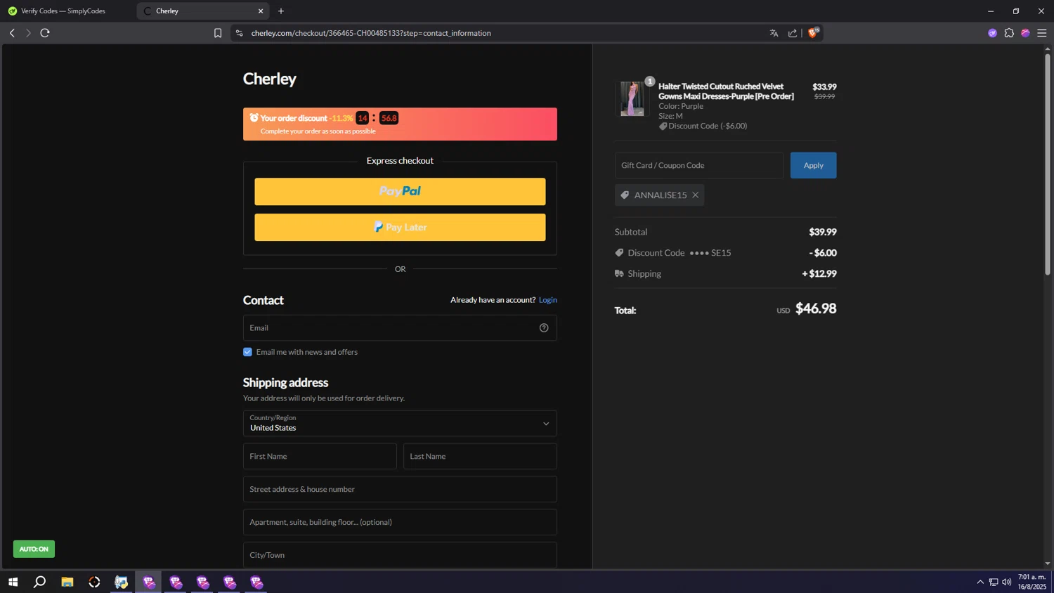 CHERLEY coupon code screenshot showing code ANNALISE15 applied at CHERLEY checkout page. Uploaded by SimplyCodes community member PHYSICALTHERAPY on Aug 16, 2025