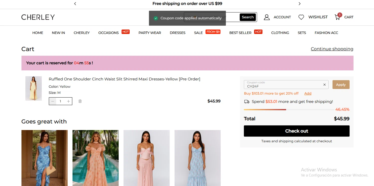 CHERLEY coupon code screenshot showing code CH24F applied at CHERLEY checkout page. Uploaded by SimplyCodes community member Francisco on Jul 21, 2025