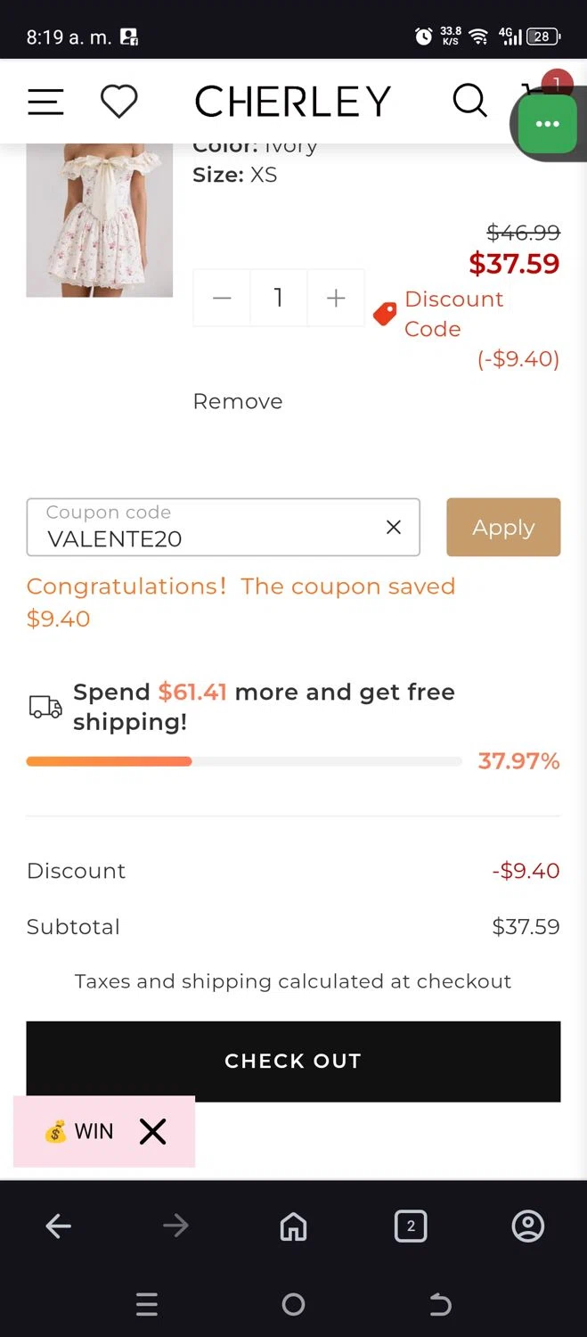 CHERLEY coupon code screenshot showing code VALENTE20 applied at CHERLEY checkout page. Uploaded by SimplyCodes community member Menotii23 on May 13, 2025