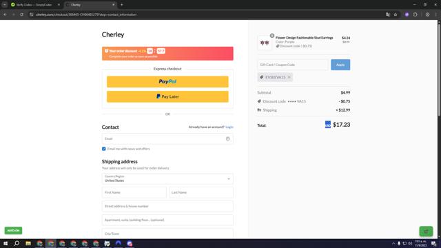 CHERLEY checkout page showing CHERLEY coupon code box | Screenshot taken by SimplyCodes community member on Sep 11, 2025