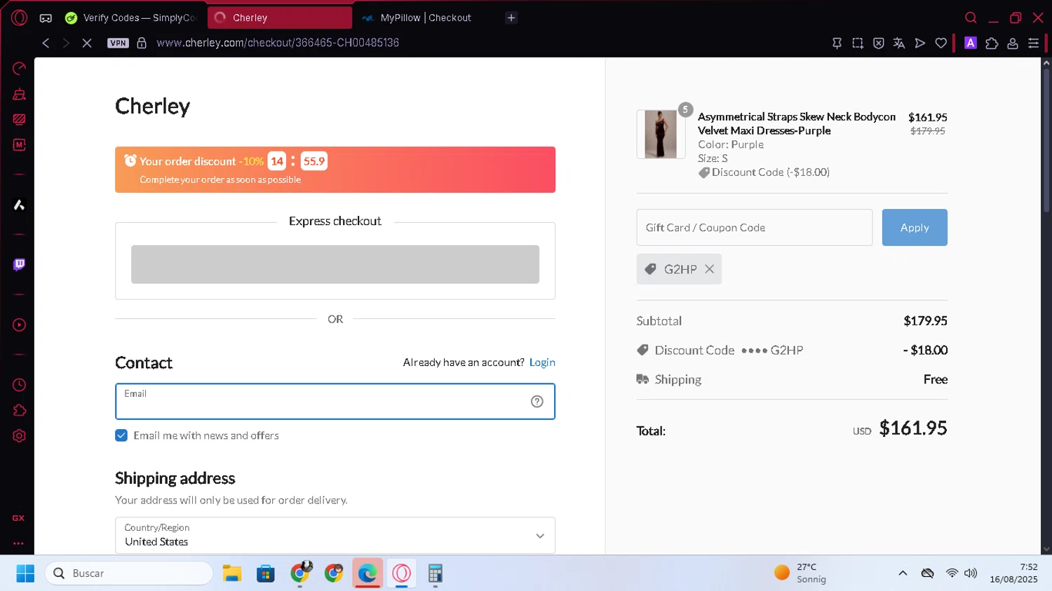 CHERLEY coupon code screenshot showing code G2HP applied at CHERLEY checkout page. Uploaded by SimplyCodes community member YunoMaria on Aug 16, 2025