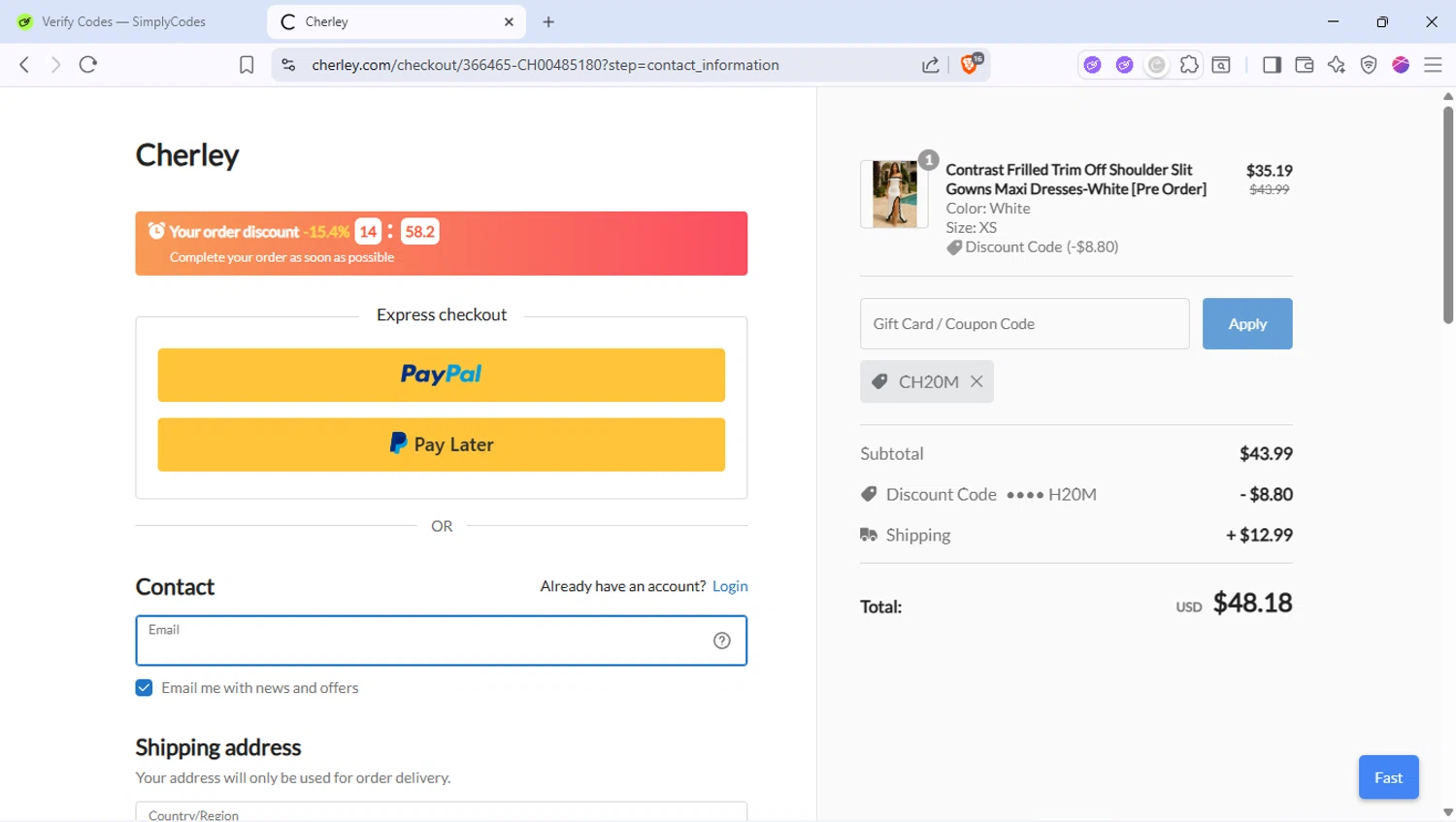 CHERLEY coupon code screenshot showing code CH20M applied at CHERLEY checkout page. Uploaded by SimplyCodes community member PocoyoTraihard on Aug 19, 2025