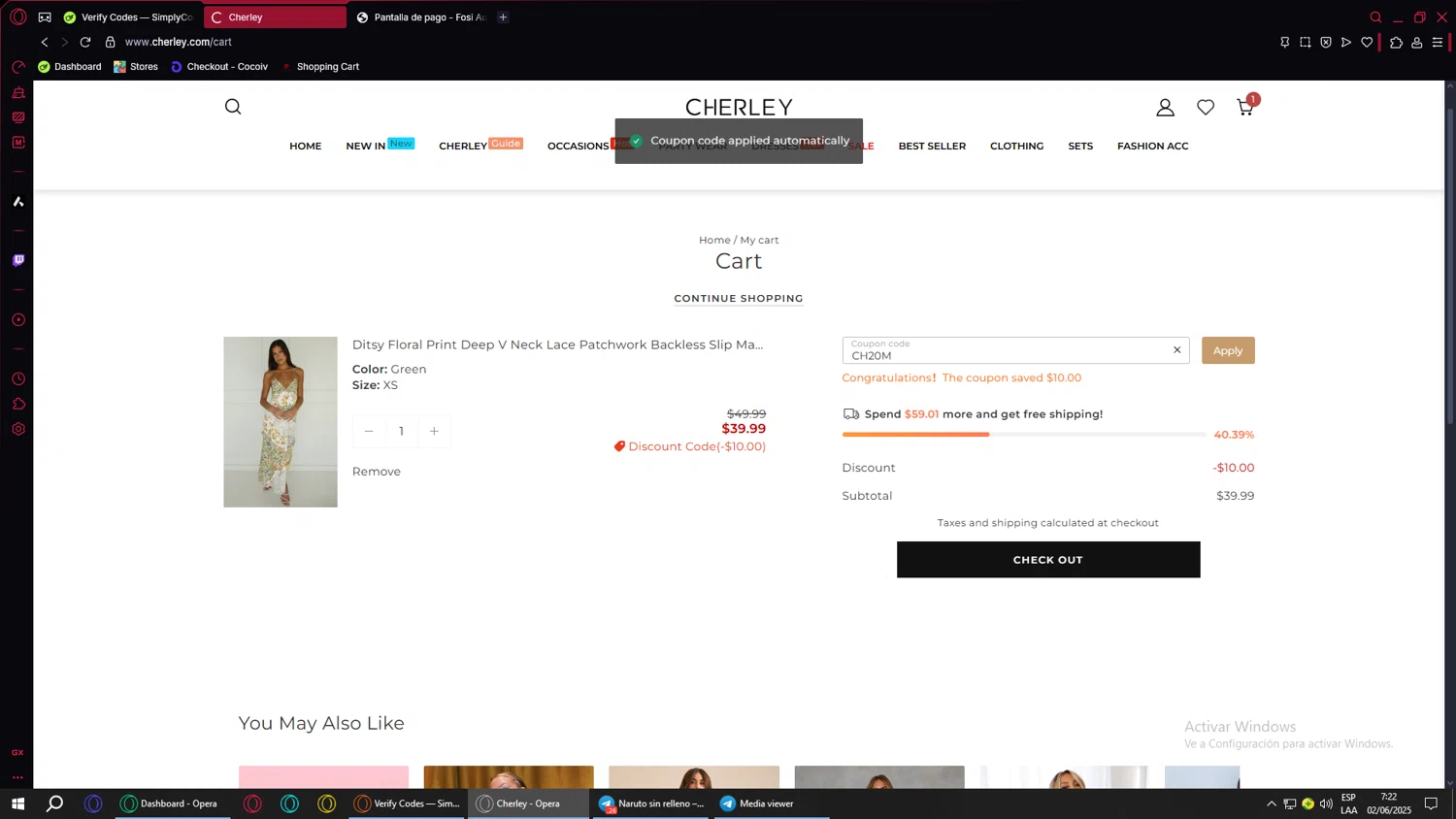 CHERLEY coupon code screenshot showing code CH20M applied at CHERLEY checkout page. Uploaded by SimplyCodes community member ValueWarden4201 on Jun 2, 2025