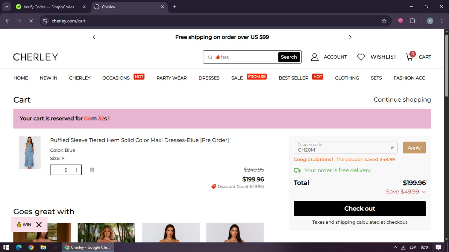 CHERLEY coupon code screenshot showing code CH20M applied at CHERLEY checkout page. Uploaded by SimplyCodes community member maraxo on Jul 21, 2025