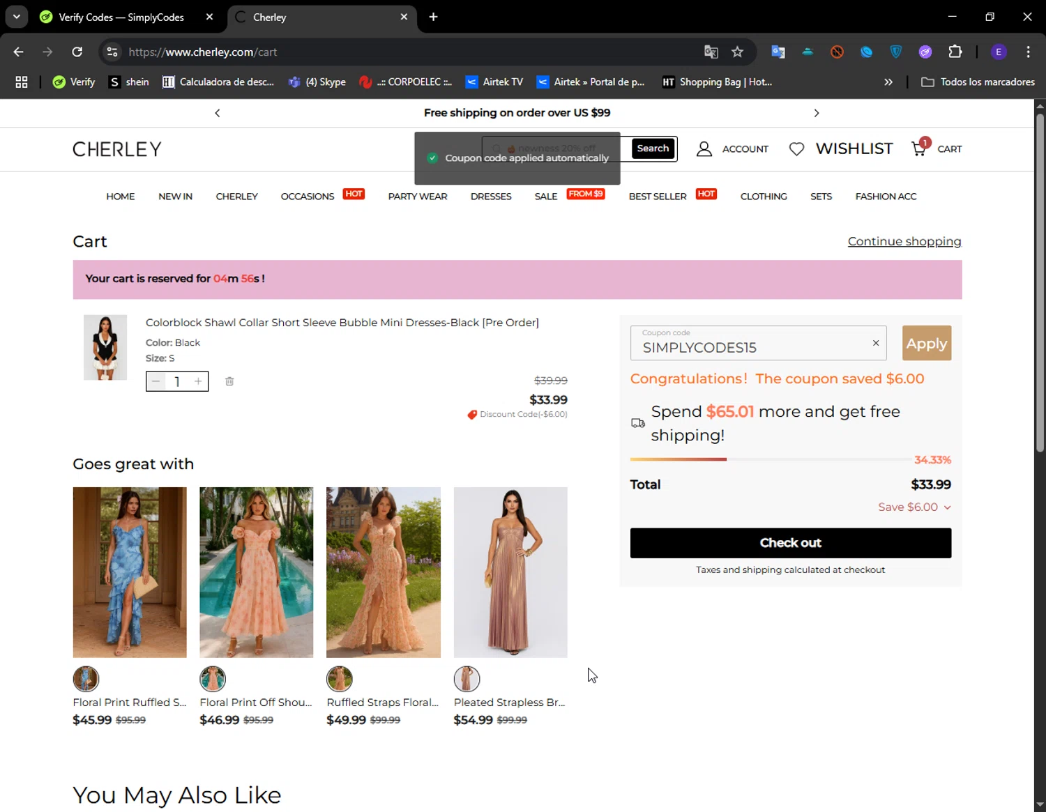 CHERLEY coupon code screenshot showing code SIMPLYCODES15 applied at CHERLEY checkout page. Uploaded by SimplyCodes community member LuckyFinder274 on Jul 23, 2025