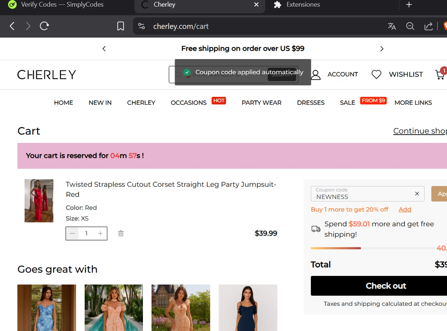 CHERLEY coupon code screenshot showing code NEWNESS applied at CHERLEY checkout page. Uploaded by SimplyCodes community member Trump23 on Jul 22, 2025
