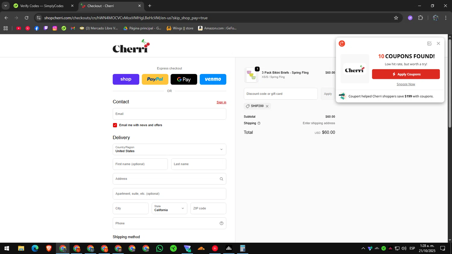 Cherri promo code screenshot showing code SHIP200 applied at Cherri checkout page. Uploaded by SimplyCodes community member RoyalAdmiral1682 on Oct 21, 2025