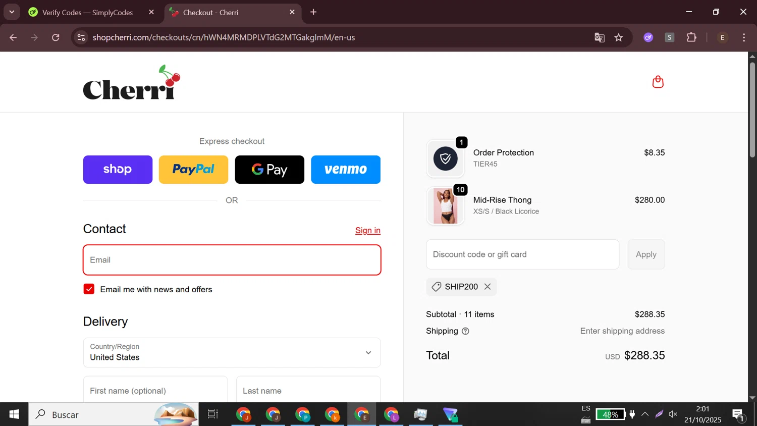 Cherri promo code screenshot showing code SHIP200 applied at Cherri checkout page. Uploaded by SimplyCodes community member elizabethjames on Oct 21, 2025